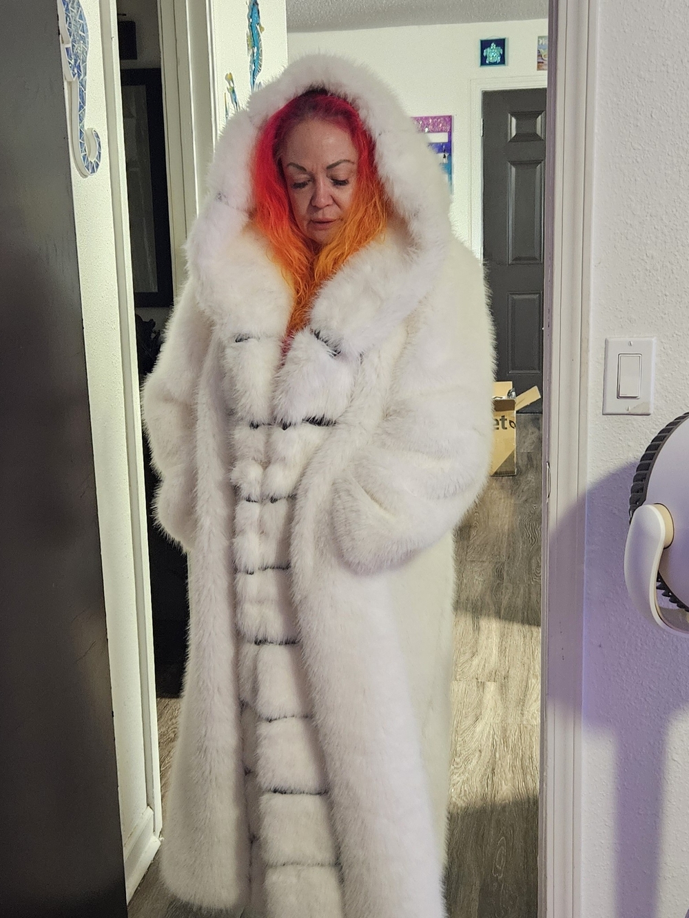 Luxury White Faux Fur Hooded Trench Coat - Plush Full-Length Wrap
